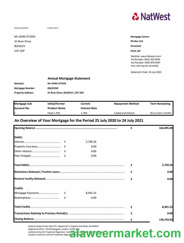 United Kingdom NatWest bank statement template in .xls and .pdf file format